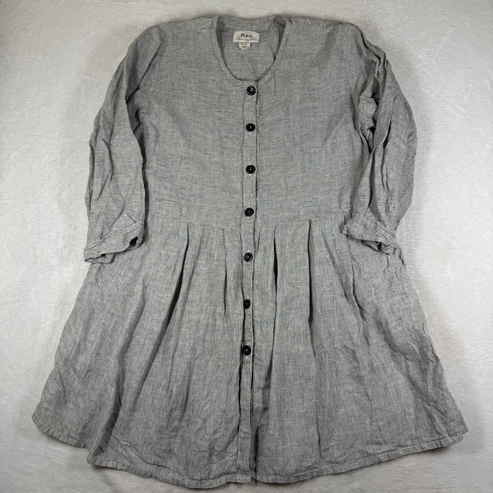 FLAX by Jeanne Engelhart Grey Striped 100% Linen Button Front Pockets Dress S